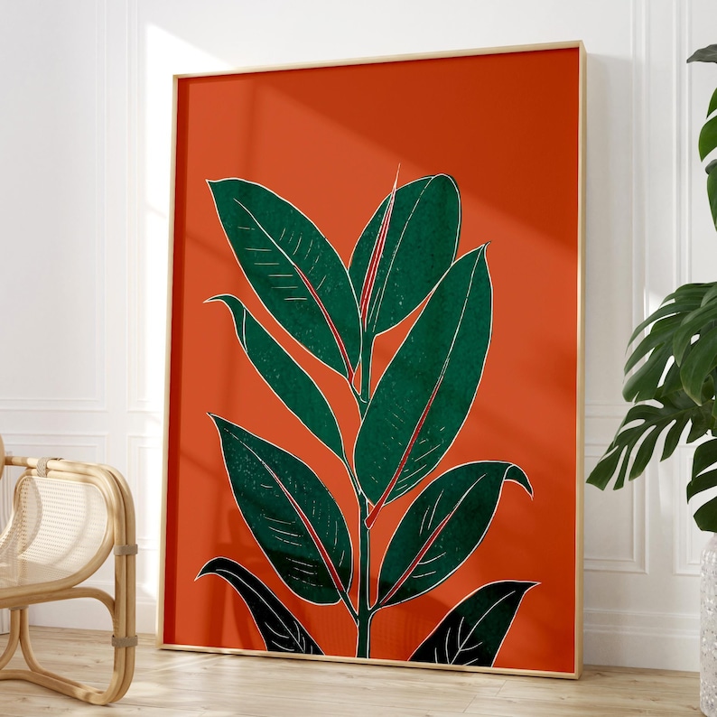 Rust orange botanical rubber plant print, wall art for bedroom, living room or office decor, A5, A4 or A3 boho gallery wall picture Rubber plant print