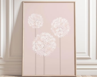 Floral wall art with minimalist allium flowers, pastel pink botanical decor for bedroom, living room, or office A5/A4/A3/A2/A1/4x6/5x7/8x10