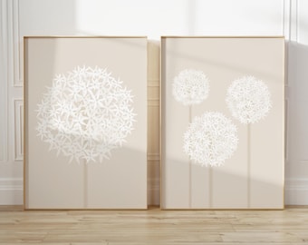 Set of 2 Allium Prints, Neutral Beige Botanical Wall Art, Minimalist Floral Decor
