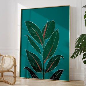 Väggkonst med gummiväxter, botaniskt tryck i blågrönt, växtkonst med bränd orange färg, modern inredning