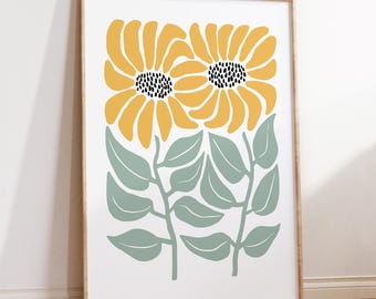 Yellow Sunflower Wall Art, Retro Scandi Floral Print