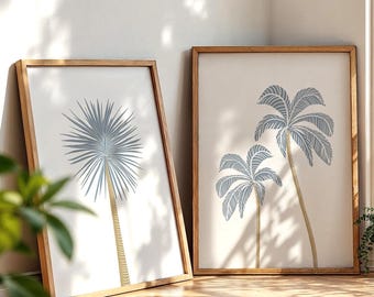 Coastal Palm Prints Set of 2, Neutral Tropical Wall Art, Minimal Beach House Decor