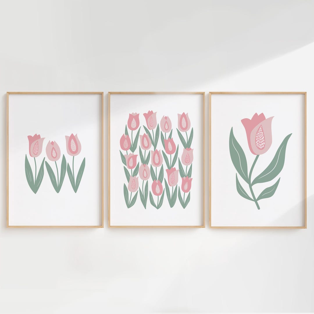 Pink Tulip Wall Art Set of 3, Retro Floral Botanical Prints - Etsy