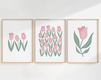 Pink Tulip Wall Art Set of 3, Retro Floral Botanical Prints