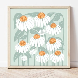 Coneflower daisies retro square art print, green abstract art, bedroom wall decor, abstract hallway wall art prints