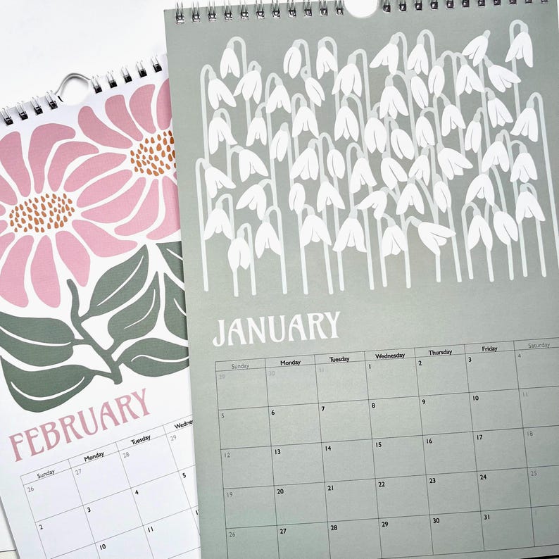 Retro Floral 2025 A4 Wall Calendar, Marinelli Designs Original Flower