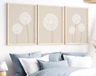 Dandelion Wall Art Set of 3, Beige Botanical Prints, Neutral Bedroom Decor