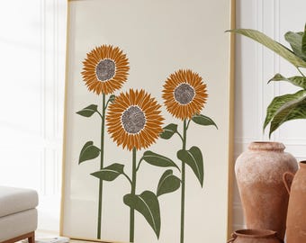 Retro solrosväggkonst, bränt orange botaniskt tryck, bohemisk blomsterdekor