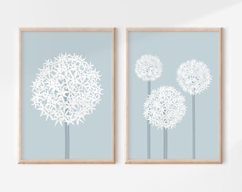 Floral alliums wall art set, boho flower prints, blue bedroom or bathroom botanical prints, hallway decor A5/A4/A3/A2/A1/4x6/5x7/8x10