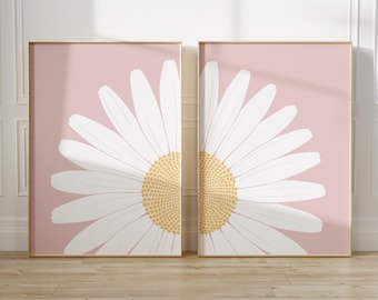 Pink Daisy Wall Art Set of 2, Retro Floral Prints, Modern Flower Decor