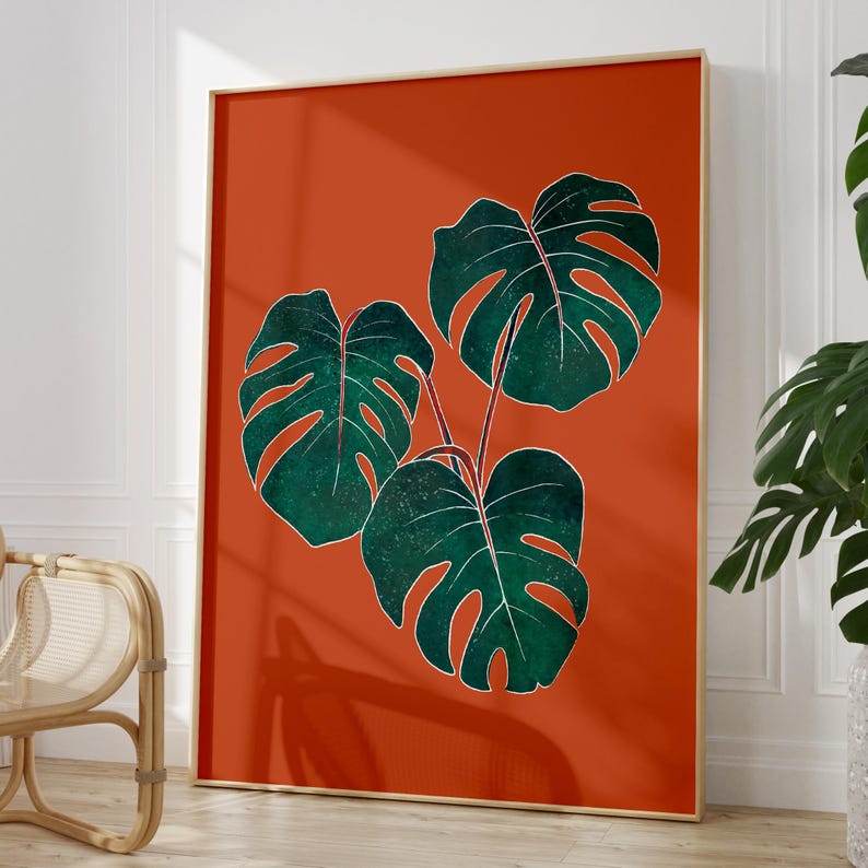Rust orange botanical rubber plant print, wall art for bedroom, living room or office decor, A5, A4 or A3 boho gallery wall picture Monstera plant print