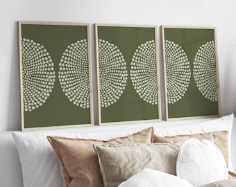 Olive Green Abstract Wall Art Set of 3, Modern Dot Prints, Minimalist Geometric Decor