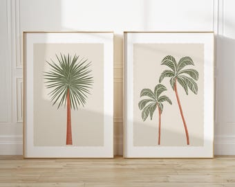 Set of 2 Palm Tree Art Prints, Olive Green Burnt Orange Tropical Decor