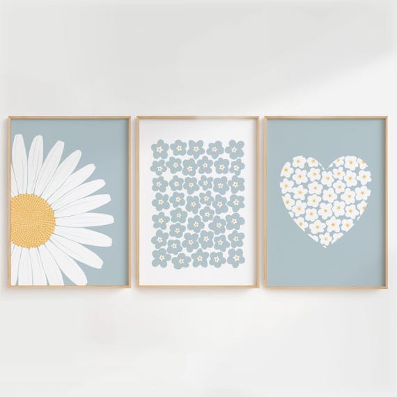 Daisy and Forget-Me-Not Floral Print Set, Pastel Blue Flower Decor