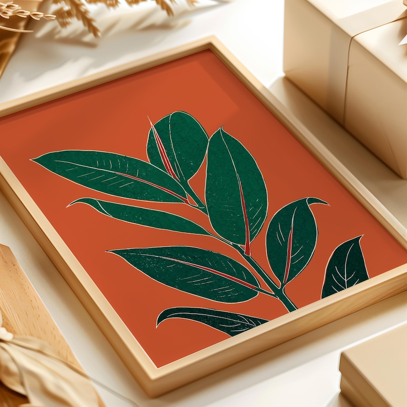 Rust orange botanical rubber plant print, wall art for bedroom, living room or office decor, A5, A4 or A3 boho gallery wall picture image 2