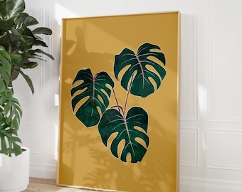 Lámina decorativa de pared con estampado de monstera, decoración botánica para el hogar en color amarillo ocre.