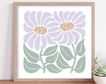 Lila Gänseblümchen Quadratische Wandkunst, Retro Blumendruck Botanisches Poster