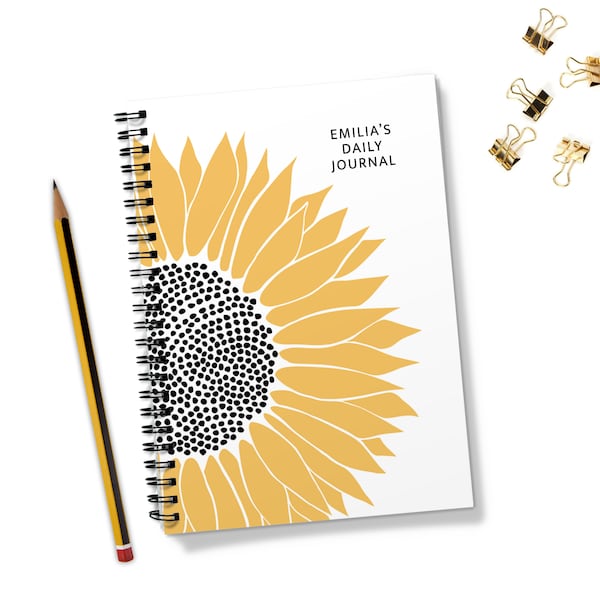 Sunflower spiral notebook, personalised with any name or book title, end of year teacher gift, A5 journal with lined pages