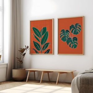 Rostorange botaniskt gummiväxttryck, väggkonst för sovrum, vardagsrum eller kontorsinredning, A5, A4 eller A3 boho gallerivägg bild 8