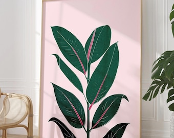 Rubber Plant Print, Pink Botanical Wall Art, Tropical Plant Decor