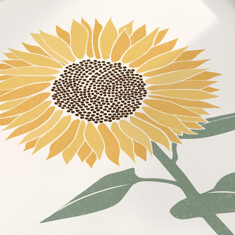 K&ouml;nnte beinhalten: Eine grafische Illustration einer Sonnenblume auf wei&szlig;em Hintergrund. Die Blume zeigt geschichtete gelbe und goldene Bl&uuml;tenbl&auml;tter um eine dunkelbraune, texturierte Mitte. Ein gedeckter gr&uuml;ner Stiel mit zwei spitzen Bl&auml;ttern ragt nach rechts.