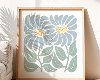 Retro Daisy Wall Art, Blue Floral Print, Modern Square Decor