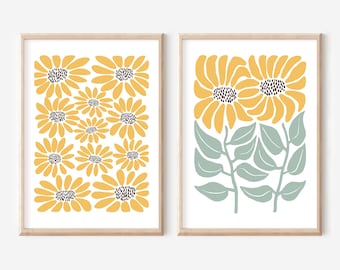 Retro sunflower art prints, set of 2 yellow flower wall decor, A5, A4 or A3 unframed prints, yellow kitchen or bedroom wall art