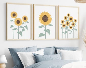 Sunflower Wall Art Set of 3, Yellow Floral Prints, Botanical Gallery Wall Decor