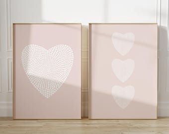 Pink Heart Prints Set of 2, Minimalist Blush Wall Art, Abstract Dot Heart Posters