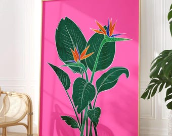 Impressão de Ave-do-Paraíso, Arte de Parede Botânica Rosa-Choque, Decoração de Plantas Tropicais