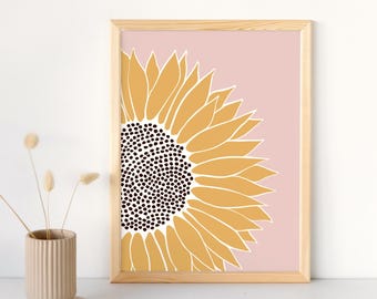 Dusty pink sunflower wall art, boho floral wall decor, flower print for bedroom, bathroom or cloakroom decor, gallery wall, A5/A4/A3/A2