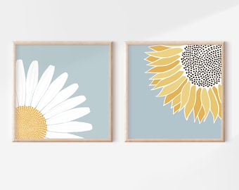 Sunflower and Daisy Square Art Print Set of 2, Light Blue Floral Wall Art