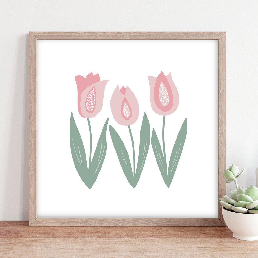 Pink Tulips Square Wall Art Print, Cute Floral Print for Girls Bedroom ...
