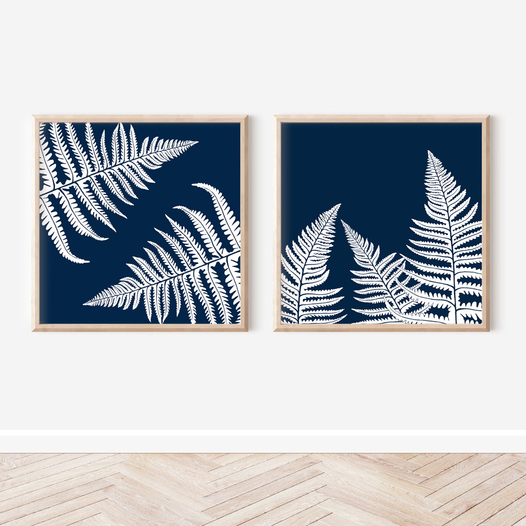 Set of 2 Square Navy Blue Botanical Prints, Minimalist Art Print for ...
