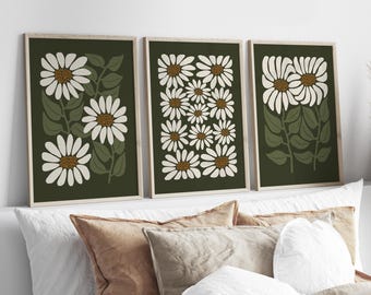 Olive Green Daisy Wall Art Set of 3, Botanical Floral Prints, Retro Flower Decor