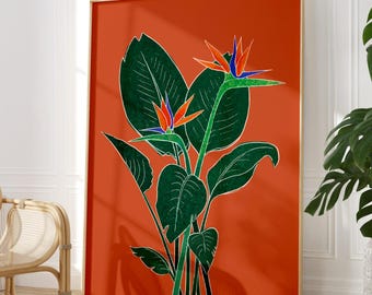 Bird of Paradise Print, Burnt Orange Botanical Wall Art, Tropical Plant Decor