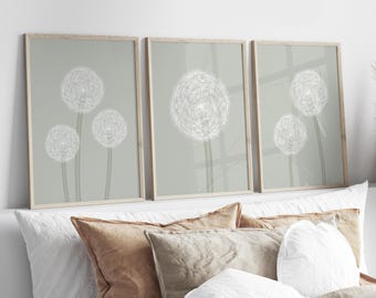 Sage Green Dandelion Wall Art Set of 3, Minimalist Wildflower Botanical Prints