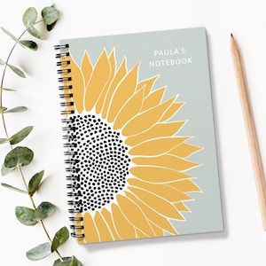 Personalised floral A5 notebook, sunflower gift, thank you gifts for friends, teacher, wedding or travel journal, custom spiral notepad
