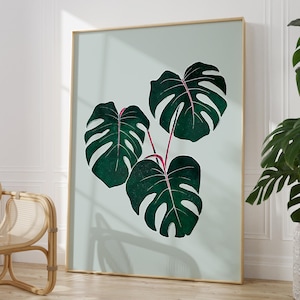 Monstera plant wall art print, botanical greenery for bedroom or home office, tropical decor with soft green tones, modern plant lover gift