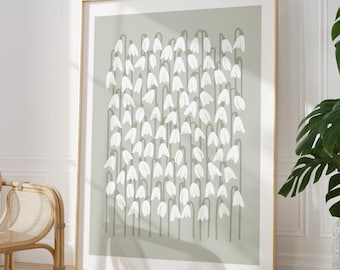 Sage Green Snowdrop Flower Print, Floral Botanical Wall Art