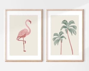 Pink Flamingo and Palm Tree Print Set, Tropical Bird Wall Art, Coastal Wall Decor