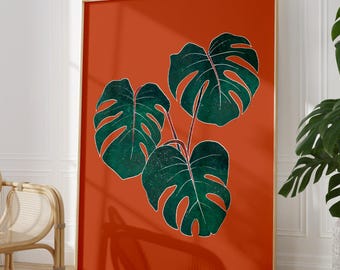 May include: A digital illustration of three green monstera leaves on a burnt orange background.