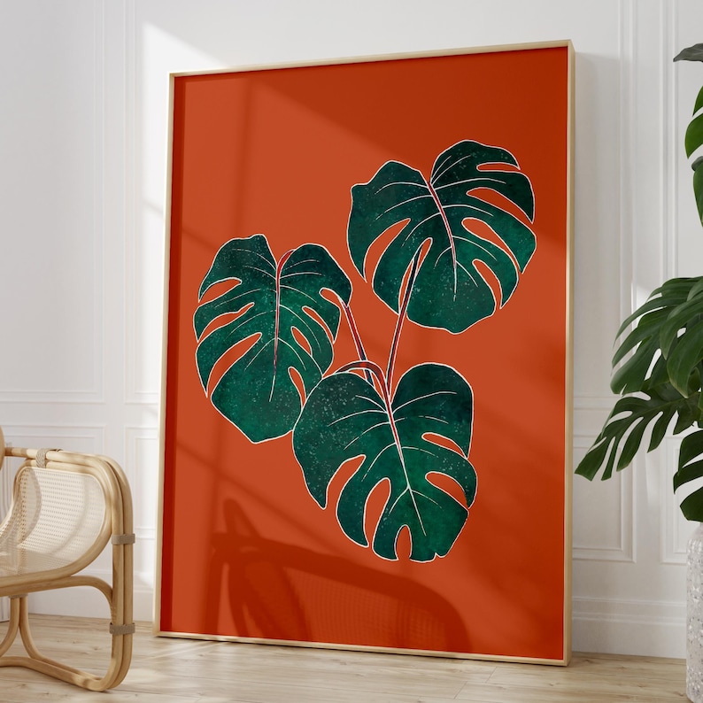 Rostorange botaniskt gummiväxttryck, väggkonst för sovrum, vardagsrum eller kontorsinredning, A5, A4 eller A3 boho gallerivägg Monstera plant