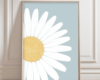 Blue Daisy Wall Art Print, White Floral Print, Nursery & Bedroom Decor