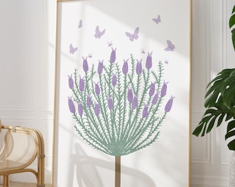 Schmetterlinge und Lavendel Wandbild, lila florale Raumdeko, salbeigrüner Baum mit Blumen, Schlafzimmer Deko, A6 A5 A4 A3 A2 ungerahmte Drucke
