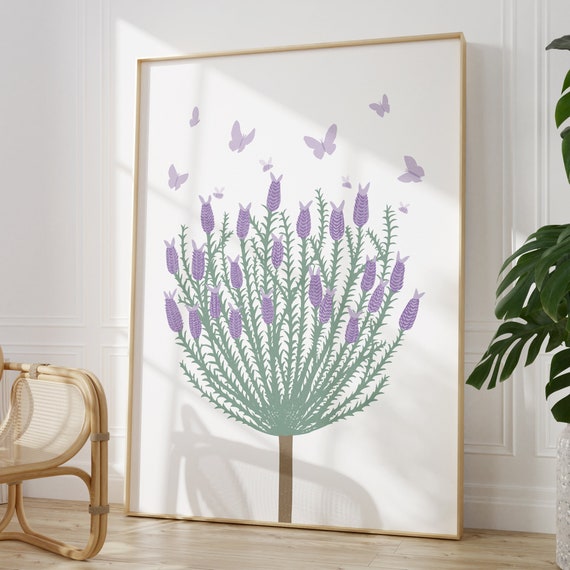Butterflies and lavender wall art, lilac floral room decor, sage green tree with flowers, bedroom art, A6 A5 A4 A3 A2 unframed prints