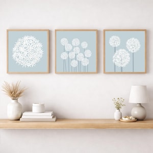 Blue allium print, minimalist floral wall art, botanical artwork for living room, bedroom, hallway or home office, square wall decor Set of 3 prints