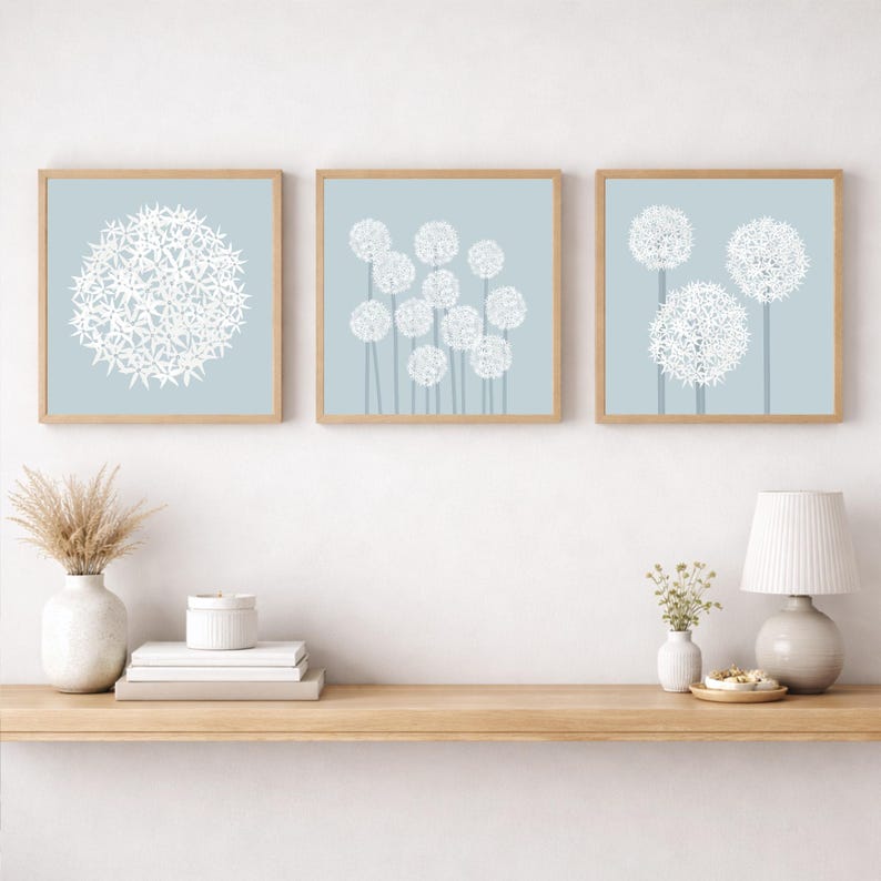 Blue allium print, minimalist floral wall art, botanical artwork for living room, bedroom, hallway or home office, square wall decor Set of 3 prints