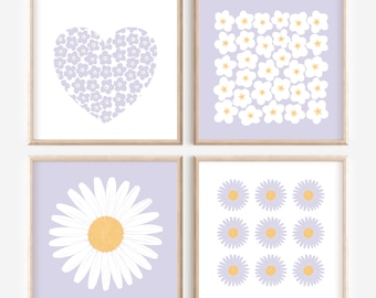 Lila Blumen Wandkunst, Set mit 4 quadratischen Blumendrucken