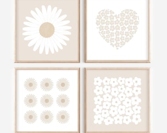 Neutral Floral Wall Art Set of 4 Beige Daisy Prints Minimal Botanical Decor